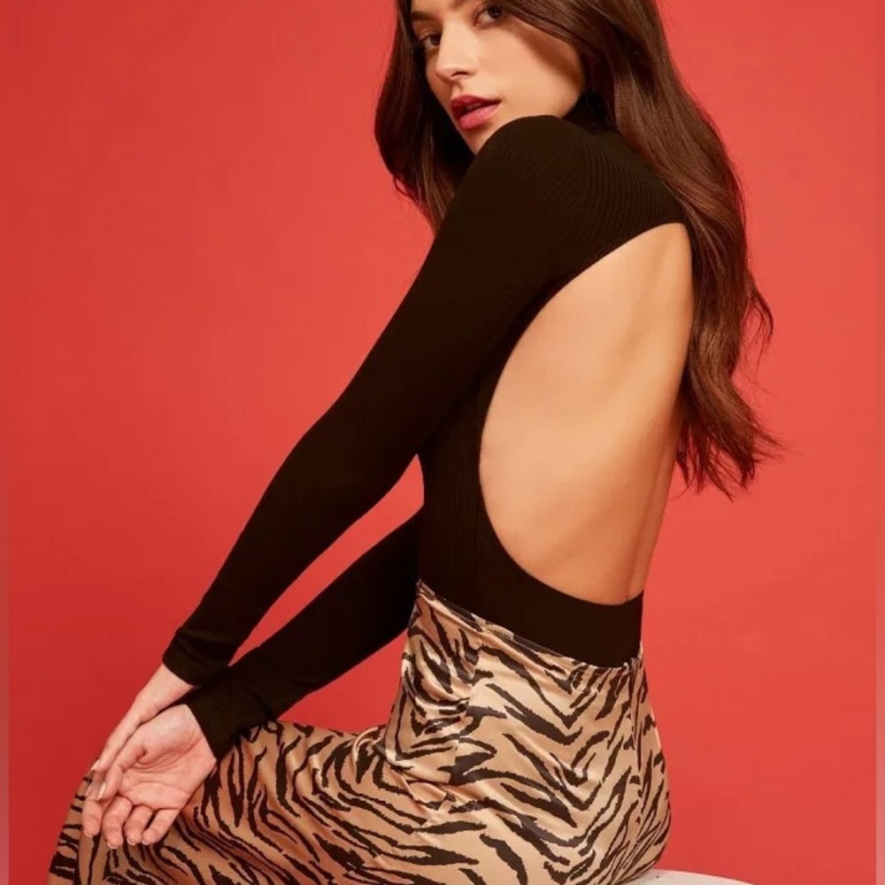 Reformation Lorna Black Turtleneck Backless Bodysuit